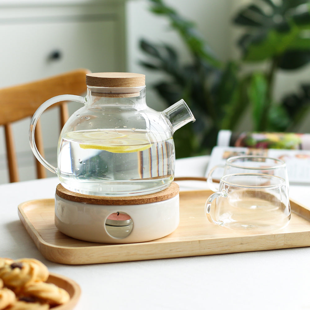 Drinkware Teekanne aus Glas, hitzebeständiger Wasserkocher mit Holzdeckel